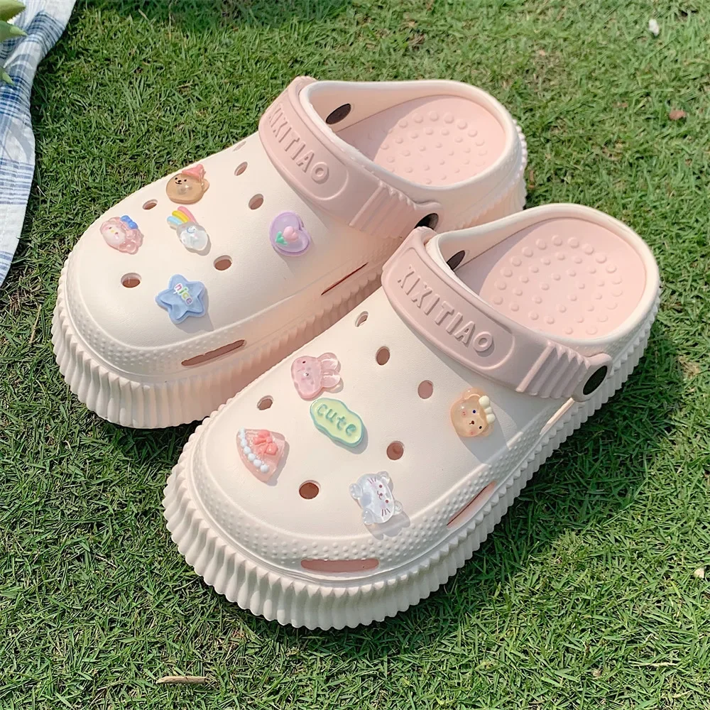 

Summer New EVA Thick Sole Perforated Shoes Women Wearing Elevated Soft Sole DIY Love Solid Color Two Wear Home Slippers