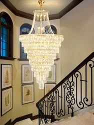 Large Ceiling Long Crystal Chandelier Hotel Lobby Living Room Luxurious Multi Story Staircase Light Golden Stainless Steel Light
