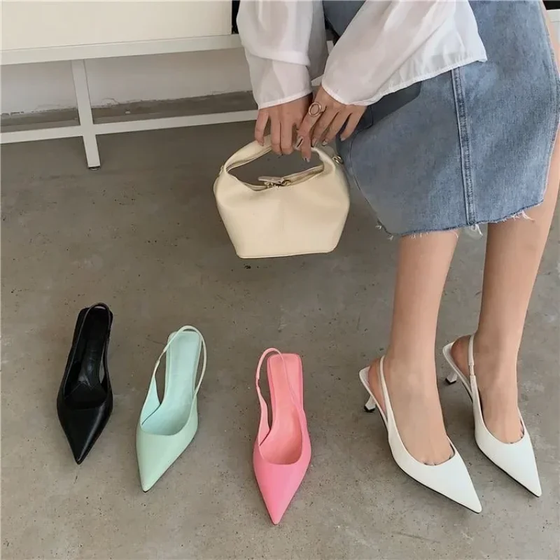 Pointed Toe Women Sandals 2024 New Arrivals Black White Silver Summer Dress Shoes Thin High Heels Elastic Band Ladies Party Mule