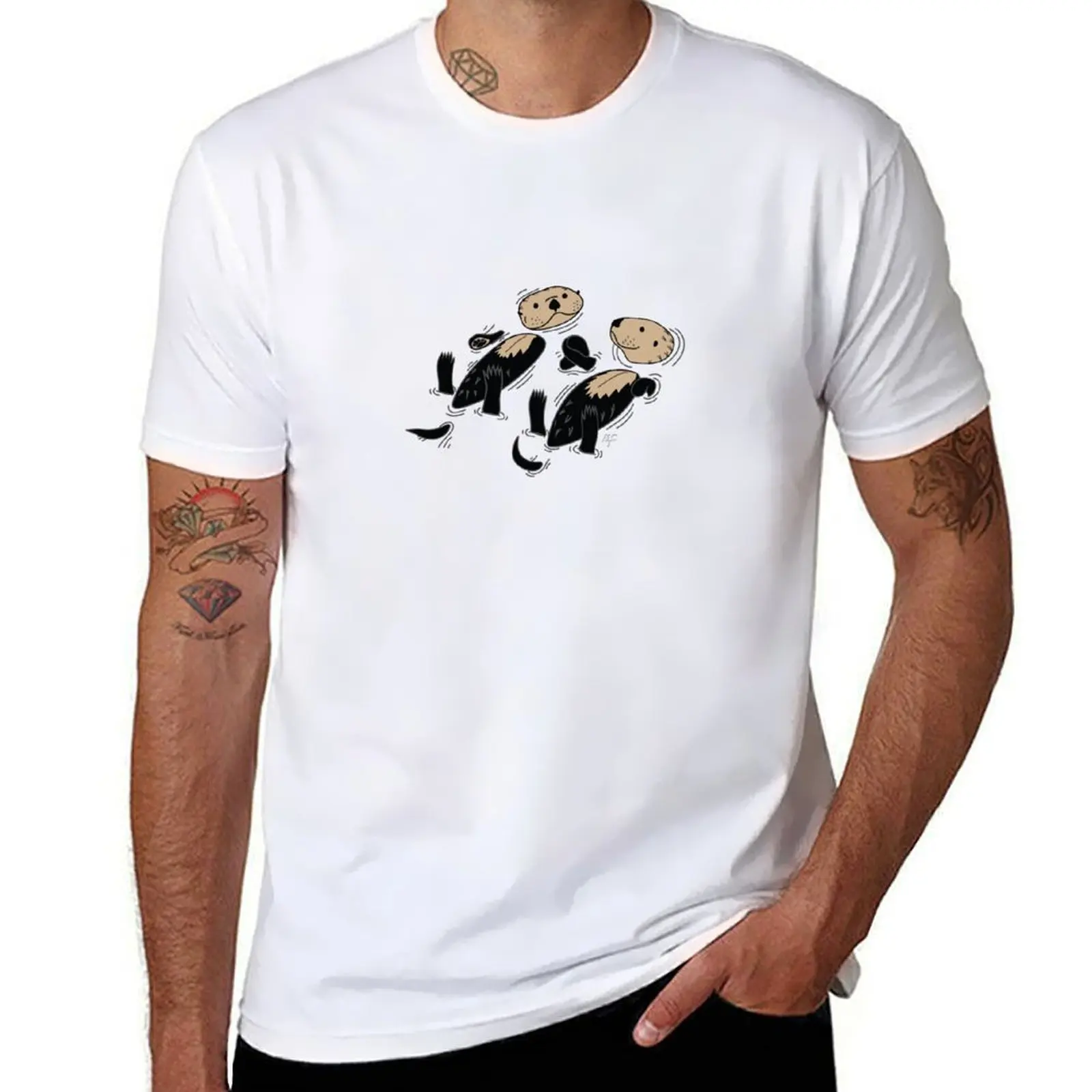 Happy Otters Holding Hands T-Shirt cotton t shirt pack t shirts for man slim fit T-Shirt