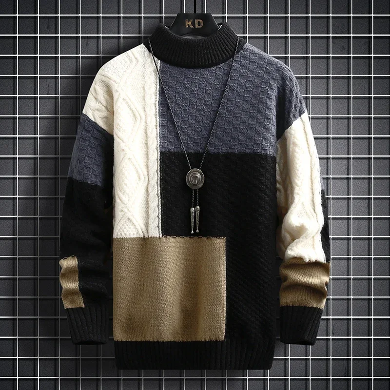 

Autumn and Winter New Sweater Warm Fashion Stitching Color Matching Pullover Round Neck Sweater Thickened Knitted Sweater