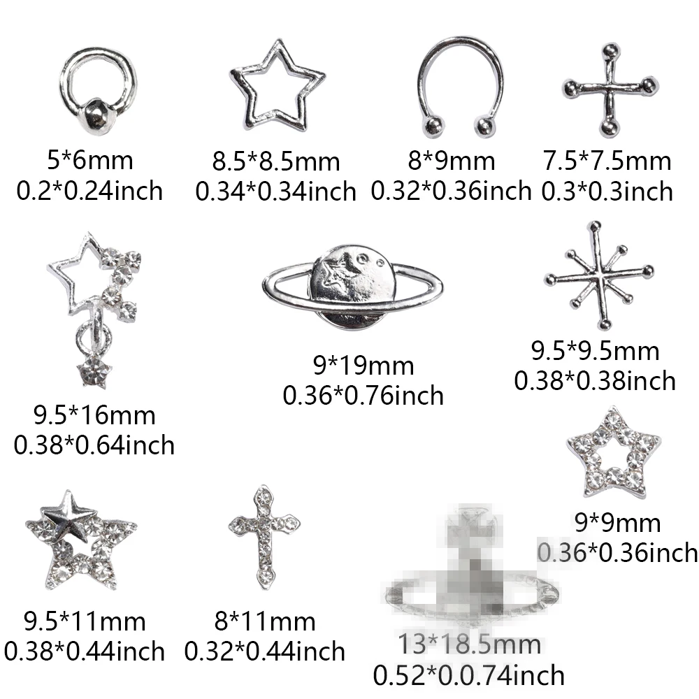 70 SZT. Ozdób do paznokci w kształcie gwiazd, srebrne gwiazdy, planety, krzyże, ozdoby do paznokci ze stopu, kamienie do paznokci, klejnoty do paznokci 2030