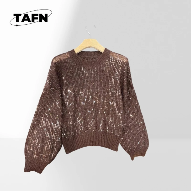 Пуловер для тяжелой промышленности с блестками, топ из 50% шерсти Haima, 14% шерсть, 36% нейлон, уютный свитер с воротником для женщин, холодная погода AI0955