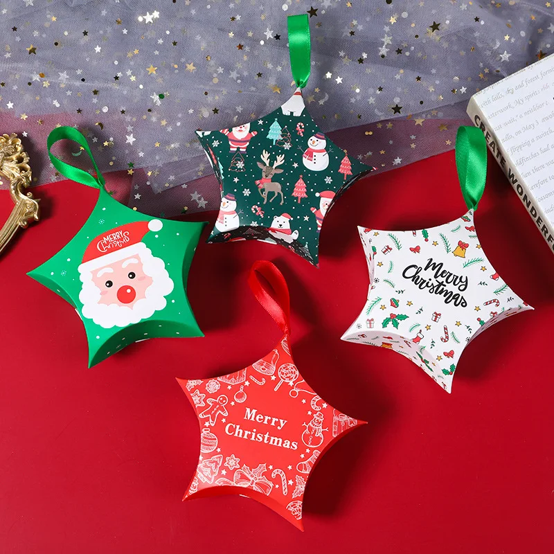 1pcs Star Shape Christmas Candy Box DIY Paper Treat Gifts Boxes With Ribbon Merry Christmas Boxes Bag For Home New Year Navidad