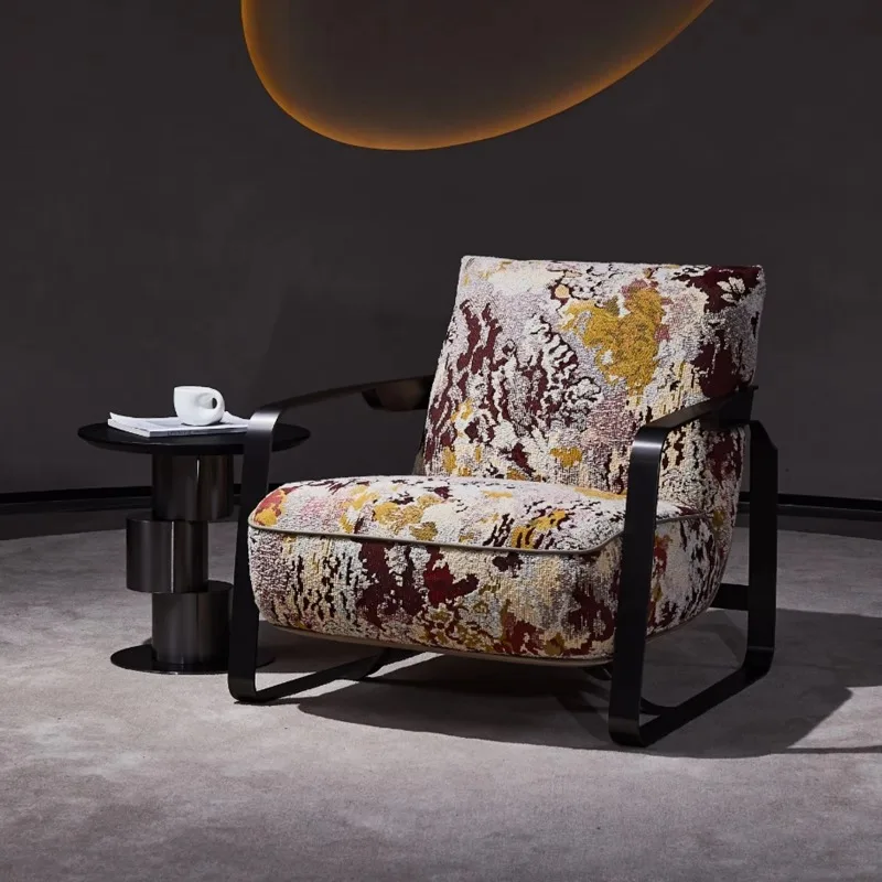 Light luxury printed fabric leisure chair metal armrest single sofa chair