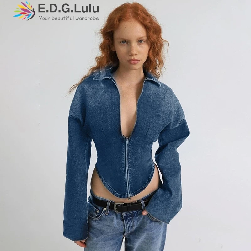 

EDGLuLu Fashion Denim Blouse Top High Quality Turn-Down Collar Zipper Long Sleeve Irregular Jeans Casual Street Denim Top 08001