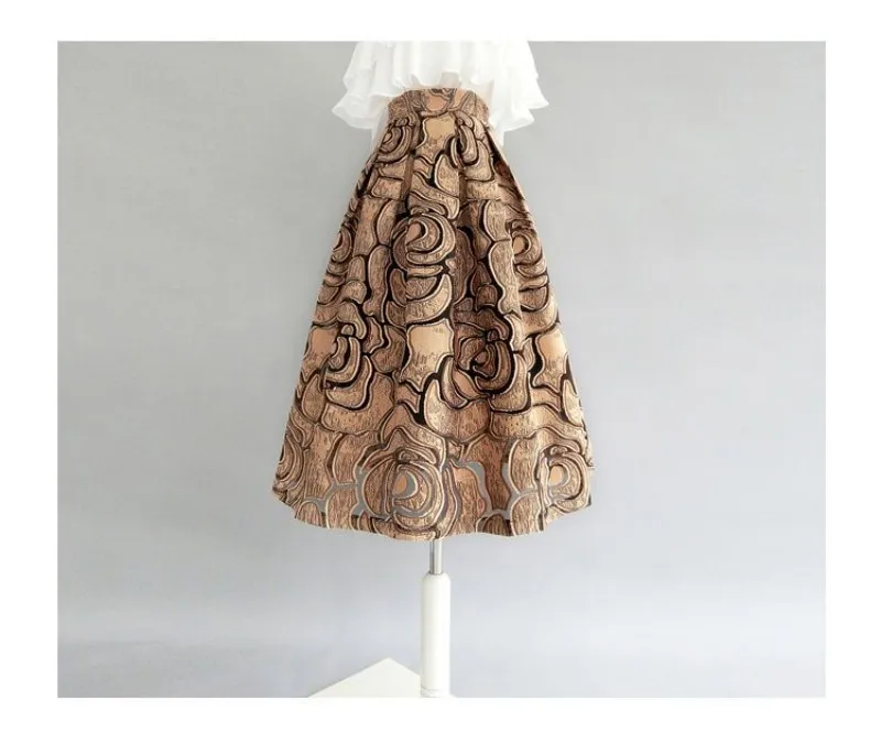 Khaki Geometrische Vintage Hohe Taille Ballkleid A-linie Lose frauen Rock Knielangen Lange Röcke Für Frauen Kleidung Mode – Detail 7