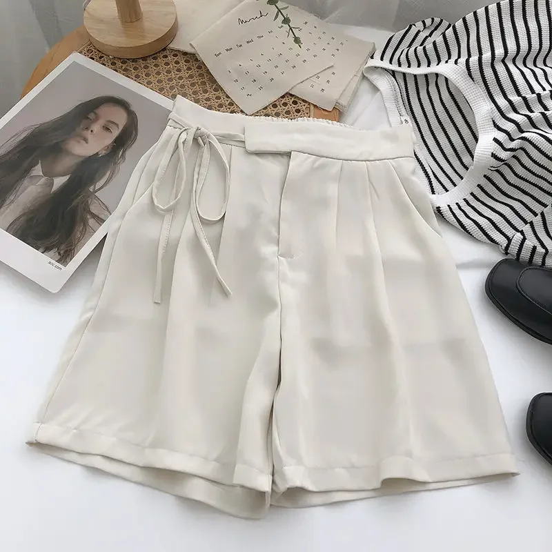 Elastic Waist Lacing A-line Casual Shorts Summer New Solid Loose Thin All-match Youth Shorts Vintage Fashion Women Clothing