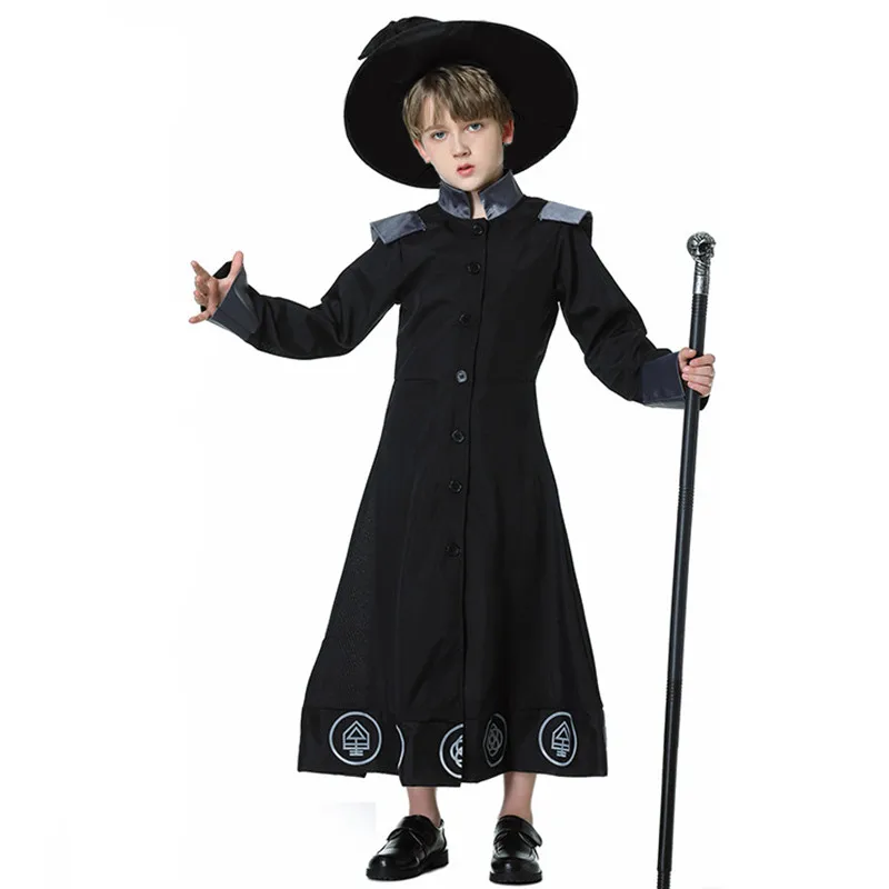 Gothic Boys Halloween Black Wizard Costumes Kids Children Magician Robe Cosplay Carnival Purim Parade Stage Showing Party Dress