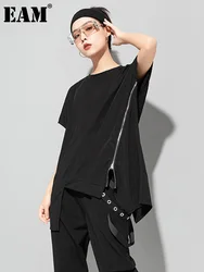 [EAM] Women Black Zipper Irregular Big Size Casual T-shirt New Round Neck Long Sleeve Fashion Tide Spring Autumn 2024 1DF6029