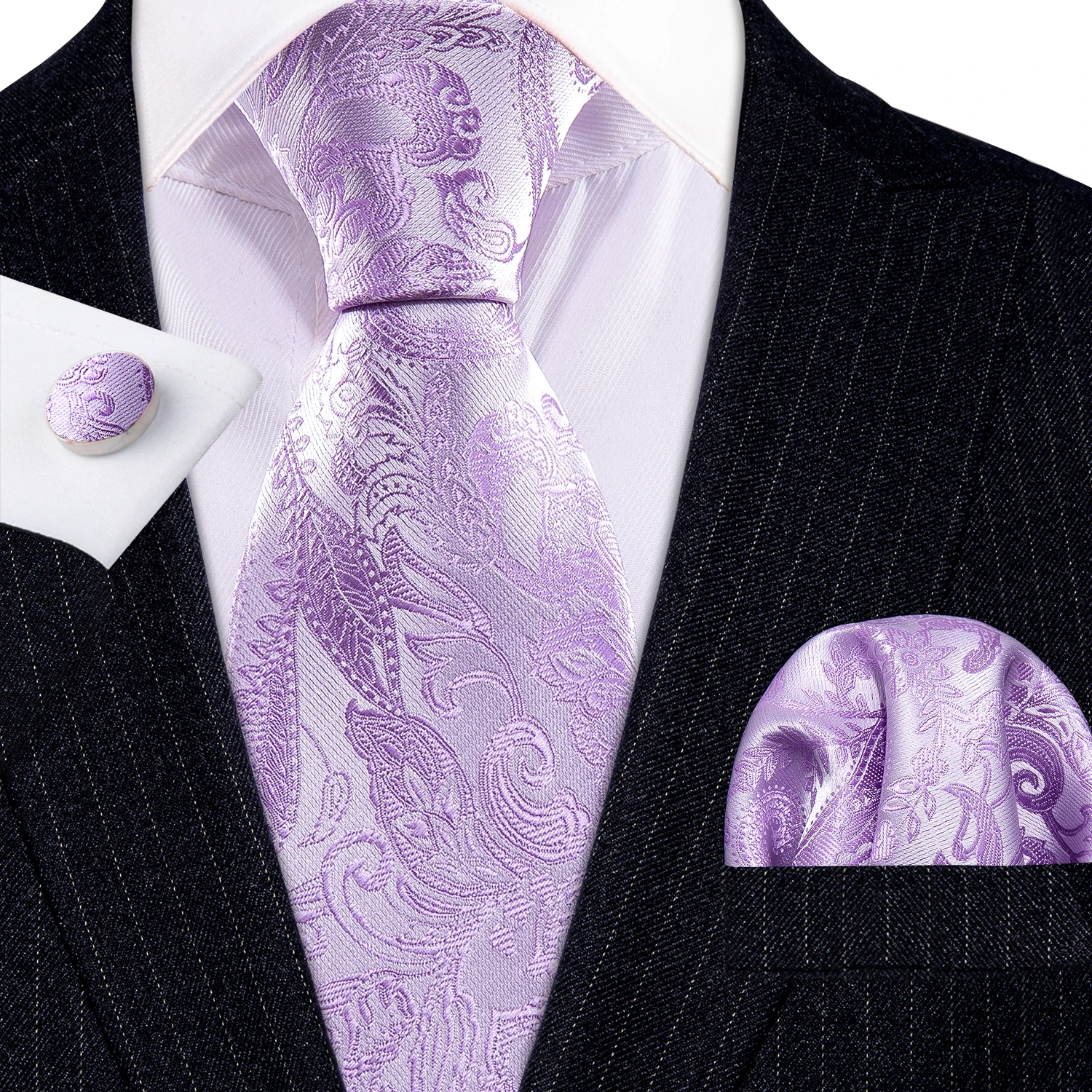 Purple Green Paisley Striped Mens Necktie Set 3 Piece, Tie Pocket Square Cufflinks Gift Pack