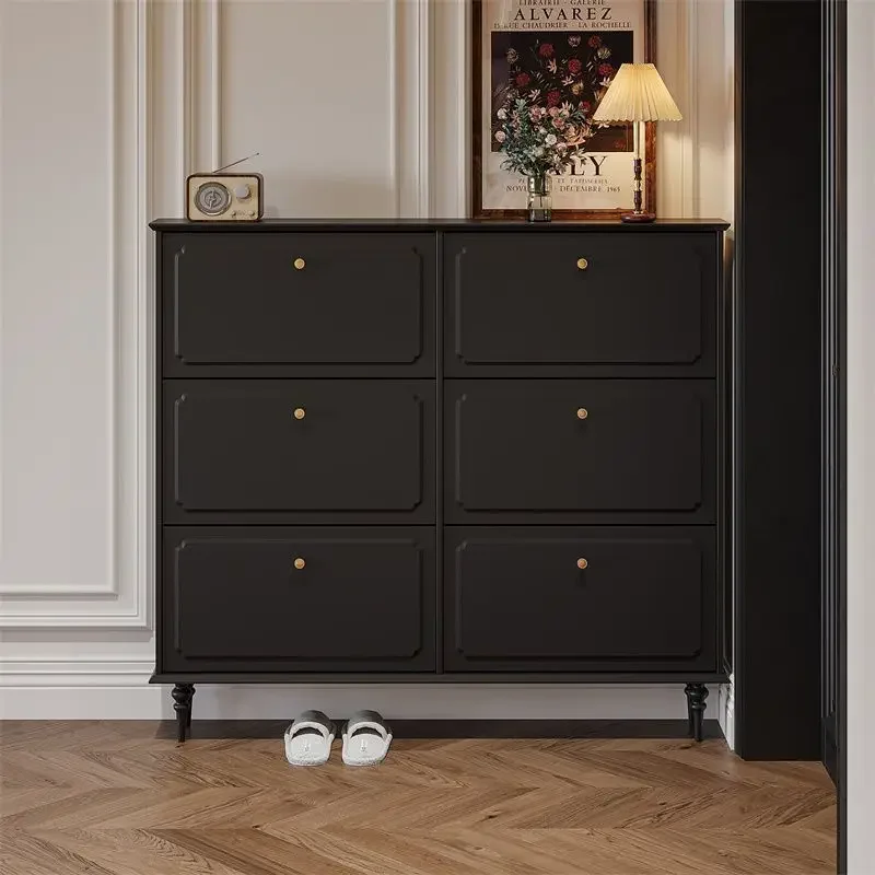 

style flip bucket shoe cabinet, retro narrow shoe cabinet at home entrance, small household size, black shoe cabinet up