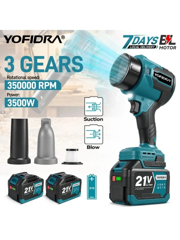 YOFIDRA 3-Gang bürstenloser elektrischer Turbolüfter, Luftgebläse, 350.000 U/min, 350 m/s, kabelloser Jet-Lüfter, Laub- und Schneebläser für Makita 21V Akku.