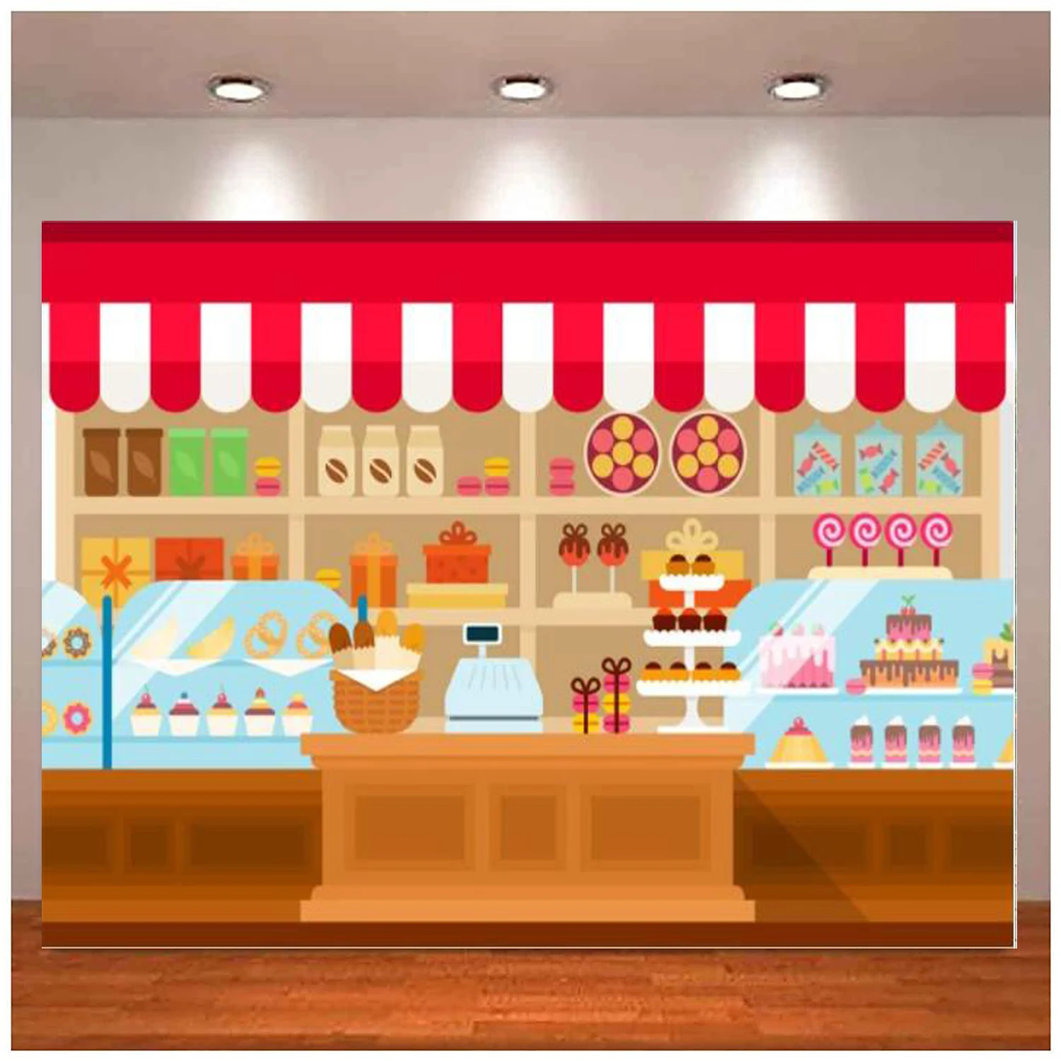 

Cartoon Sweet Shoppe Interior Checkout Counter Photography Backdrop For Goods Shelves Cakes Background Girl's 1st Birthday Party