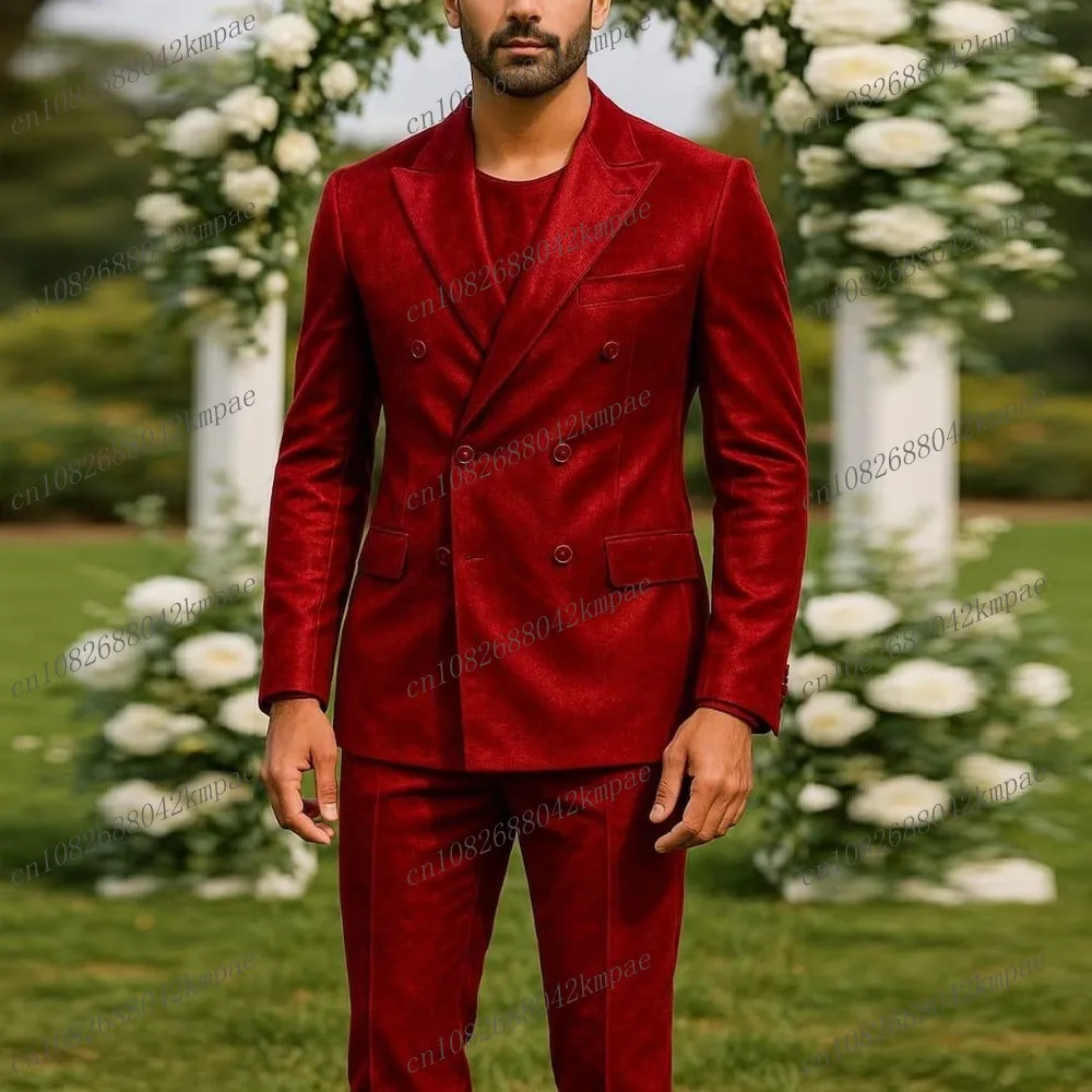 

New Red Velvet Men Suit Formal Groom Groomsman Wedding Party Prom Male Business Tuxedos 2 Piece Set Blazer Pants