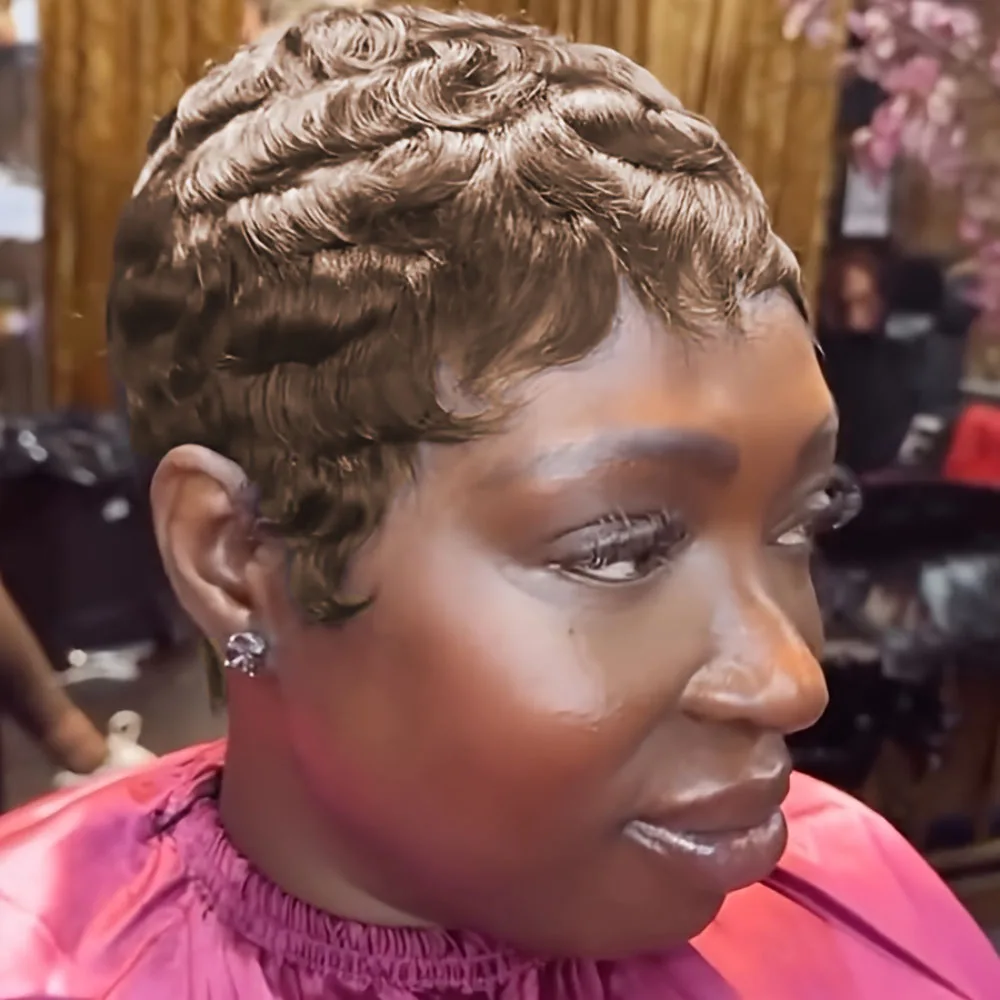 150% densidade 4 Polegada pixie corte encaracolado onda peruca de cabelo humano para mulheres completa máquina feita peruca para uso diário e festa