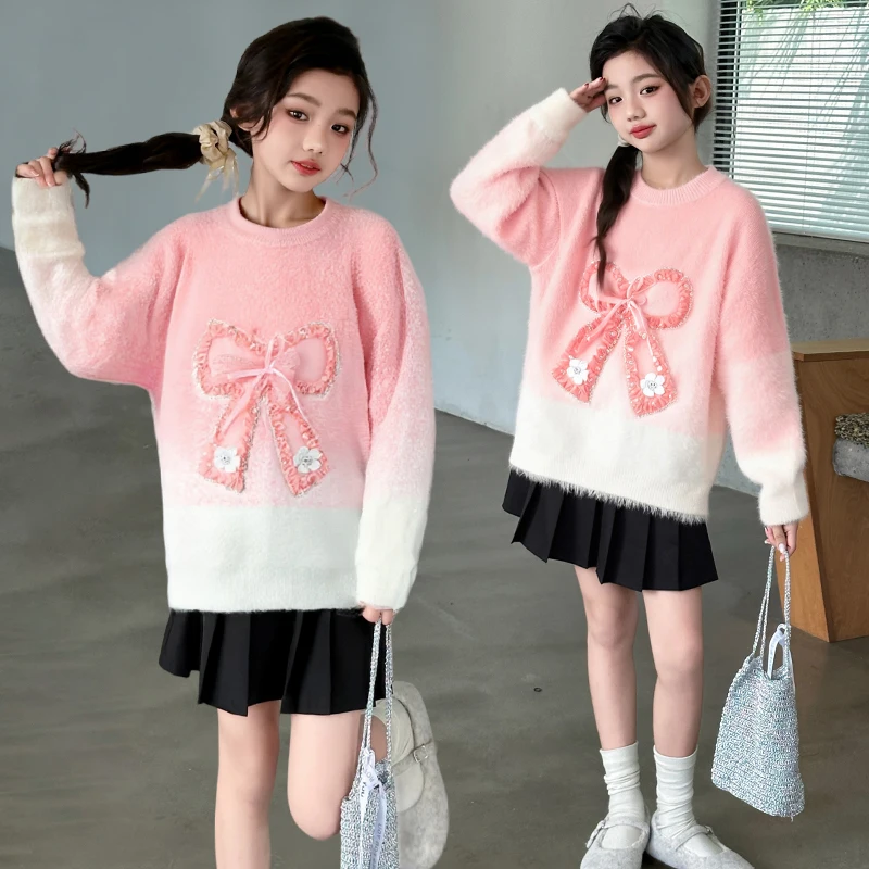 

Sweet Style Kids Girl Fashion Mink Cashmere Fur Sweater with Bow Elegant Teenage Child Trendy Pink Color Knitwear Autumn Clothes