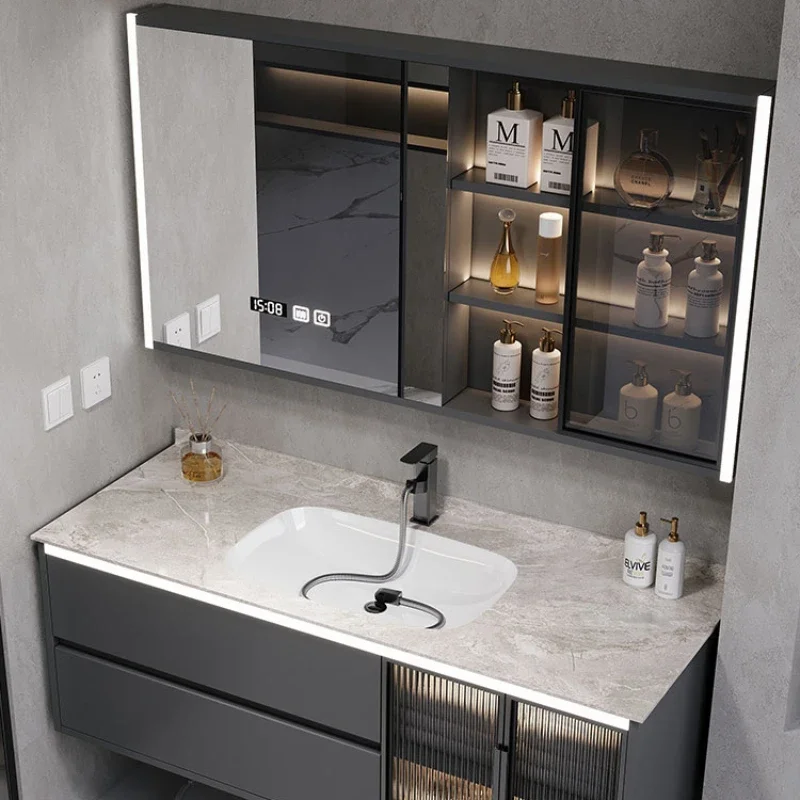 Bathroom Cabinet Combination Modern Minimalist Rock Panel Seamless Splicing Basin Bathroom Solid Wood Washbasin Hand Face