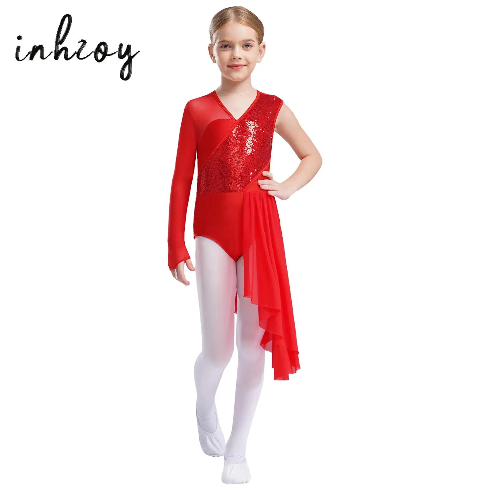 

Kids Girls Modern Lyrical Dance Costume V-neck Shiny Sequins Mesh Patchwork Asymmetrical Skirted Leotard Dress Ballet Dancewear