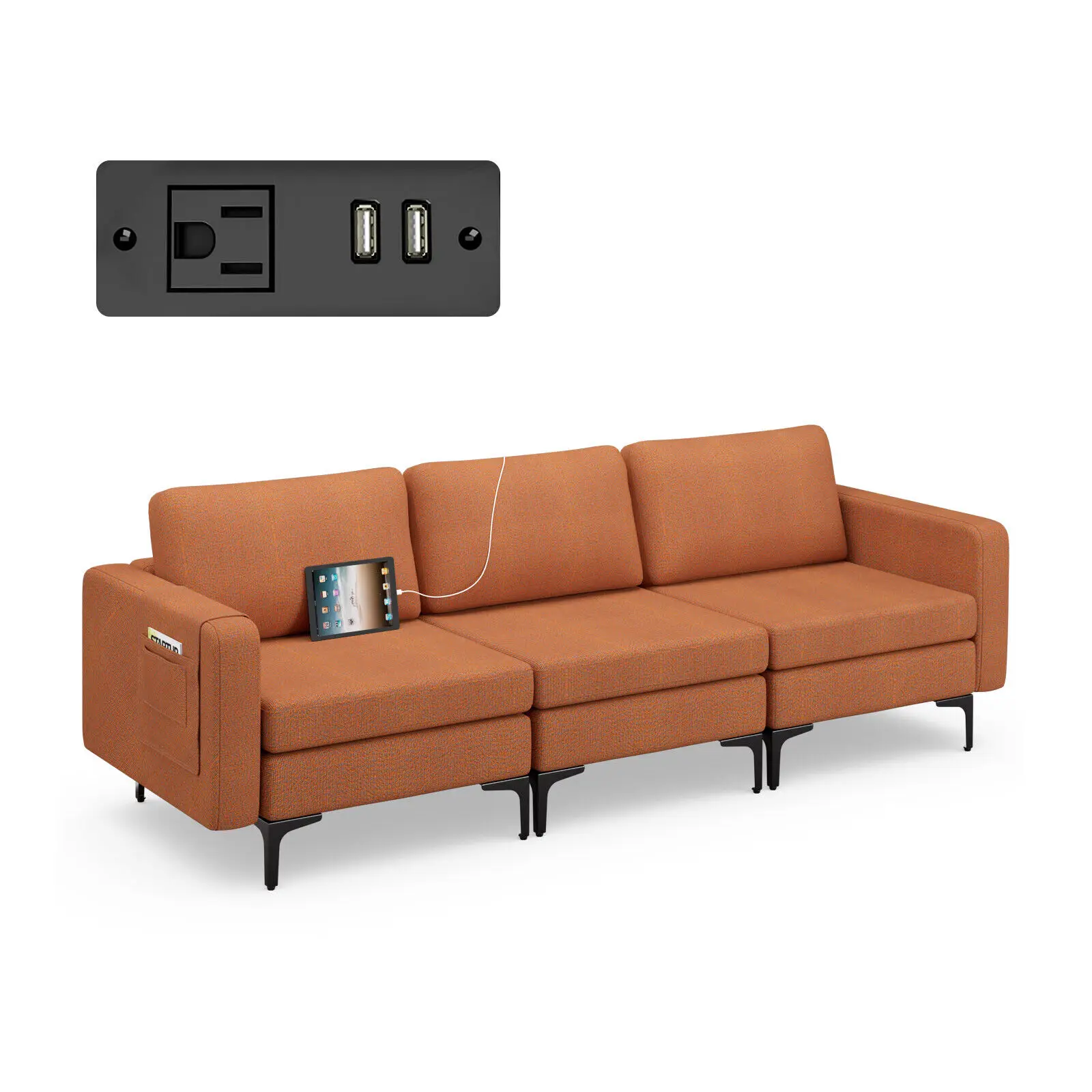 Costway Modular 3-Seat Sofa Couch w/ Socket USB Ports & Side Storage Pocket Orange