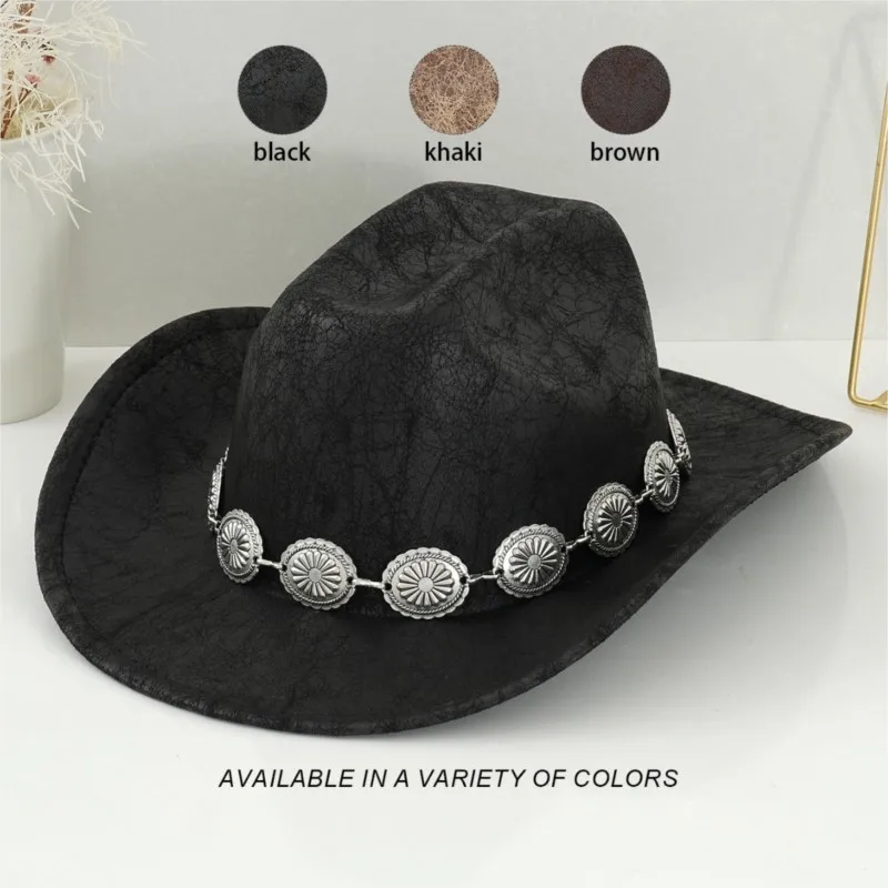 Male and female black cracked leather hats with silver buttons heavy industry rock style performance individuality