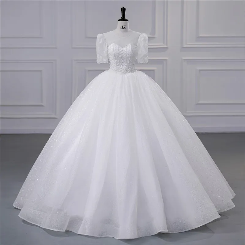 Süße Puff ärmel Brautkleider Luxus Perlen Perlen Vestido de Noiva glänzende Voile Ballkleid Prinzessin anpassen Robe de Mariee