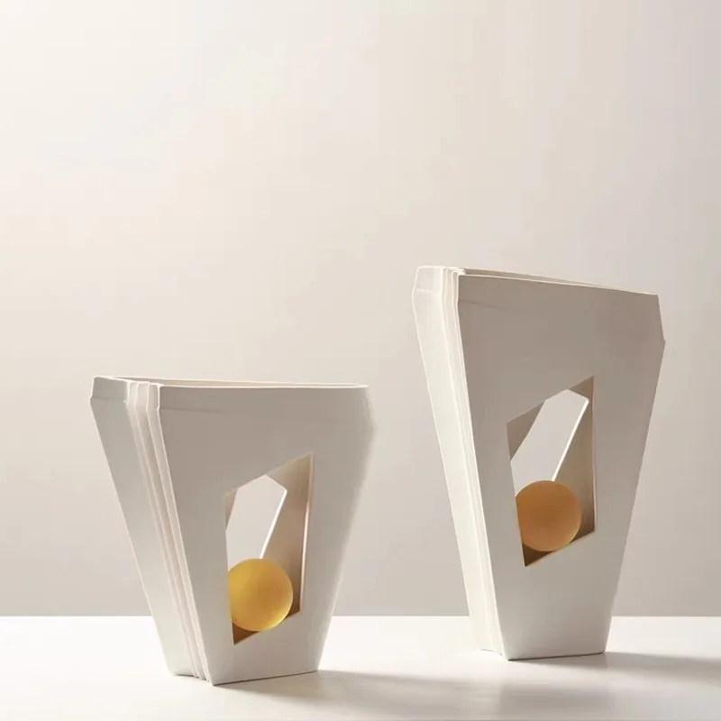 Modern minimalist white geometric trapezoidal ceramic vase ornament