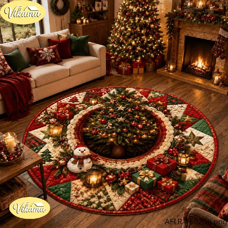 VIKAMA 3D Christmas Tree Base Round Rug Flannel Non Slip Circular Carpet Snowman Gift Lantern Pattern Living Room Floor Mat Xmas