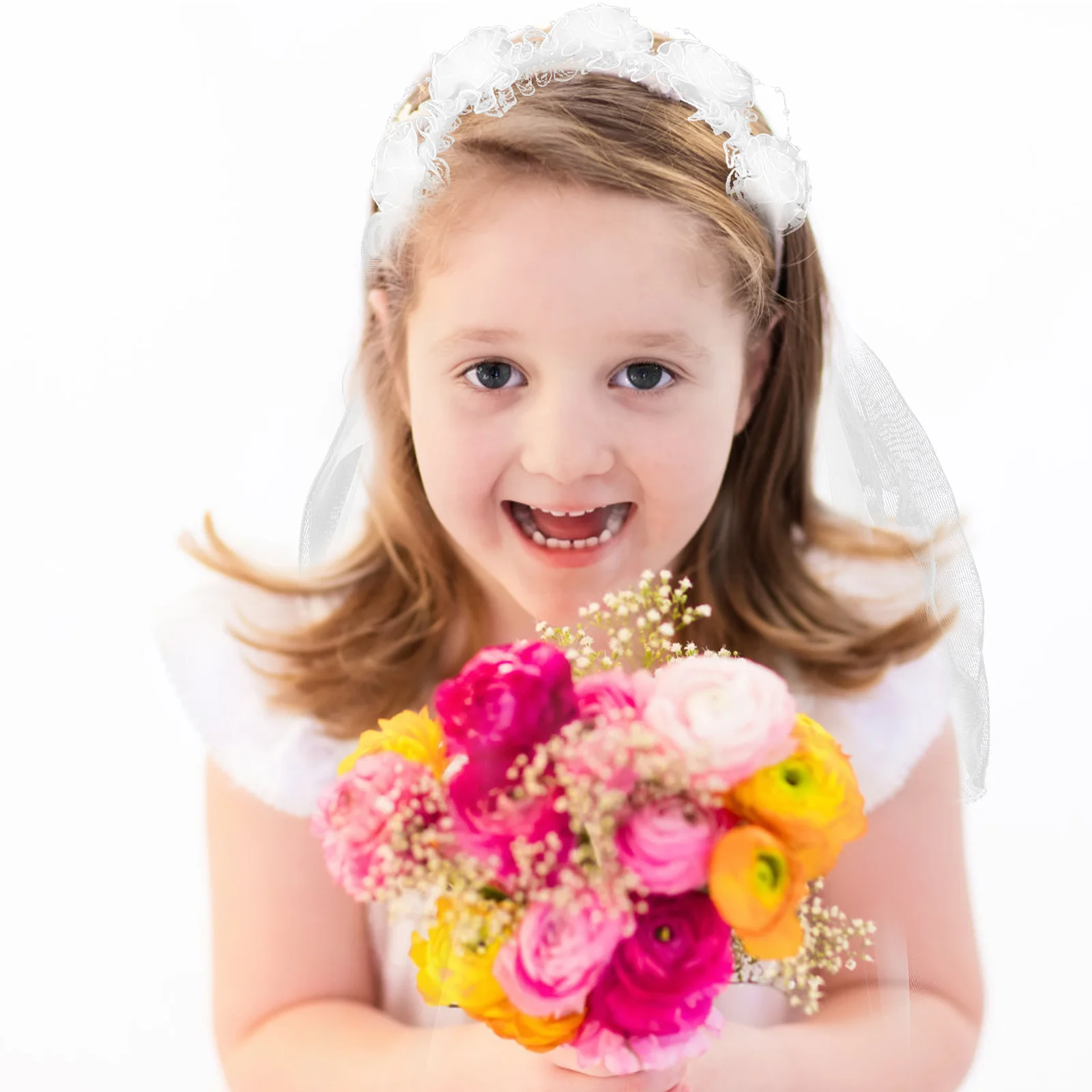 

White Flower Veil Two Layers Wedding Communion Floral Hair Wreath Lace Veil Party Festival Accessory Hair Wreath