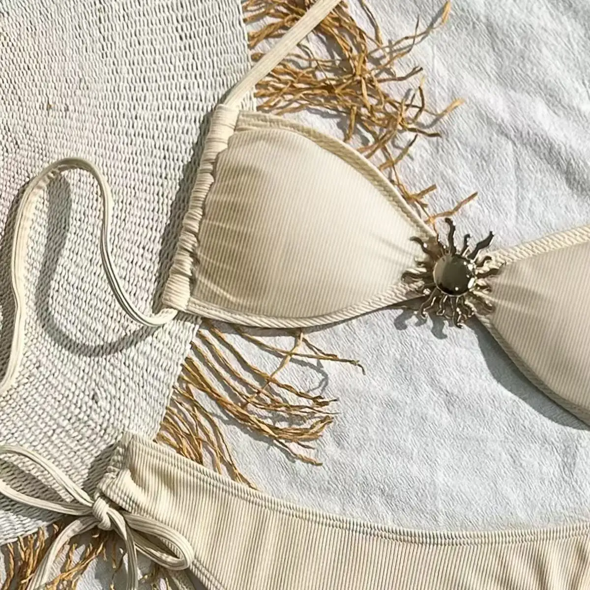 sexy ribbed metal sun bikinis sets two pieces halter back tie thong swimsuits bathing suit swimwear biquini tankini trikini