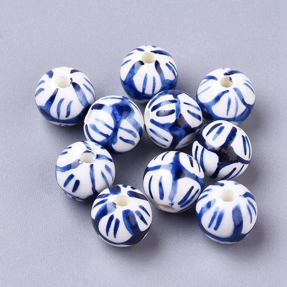 10pcs 12mm Handmade Porcelain Beads Blue & White Round Loose Spacer Beads For Chinese-Style Bracelet Crafts Jewelry Making