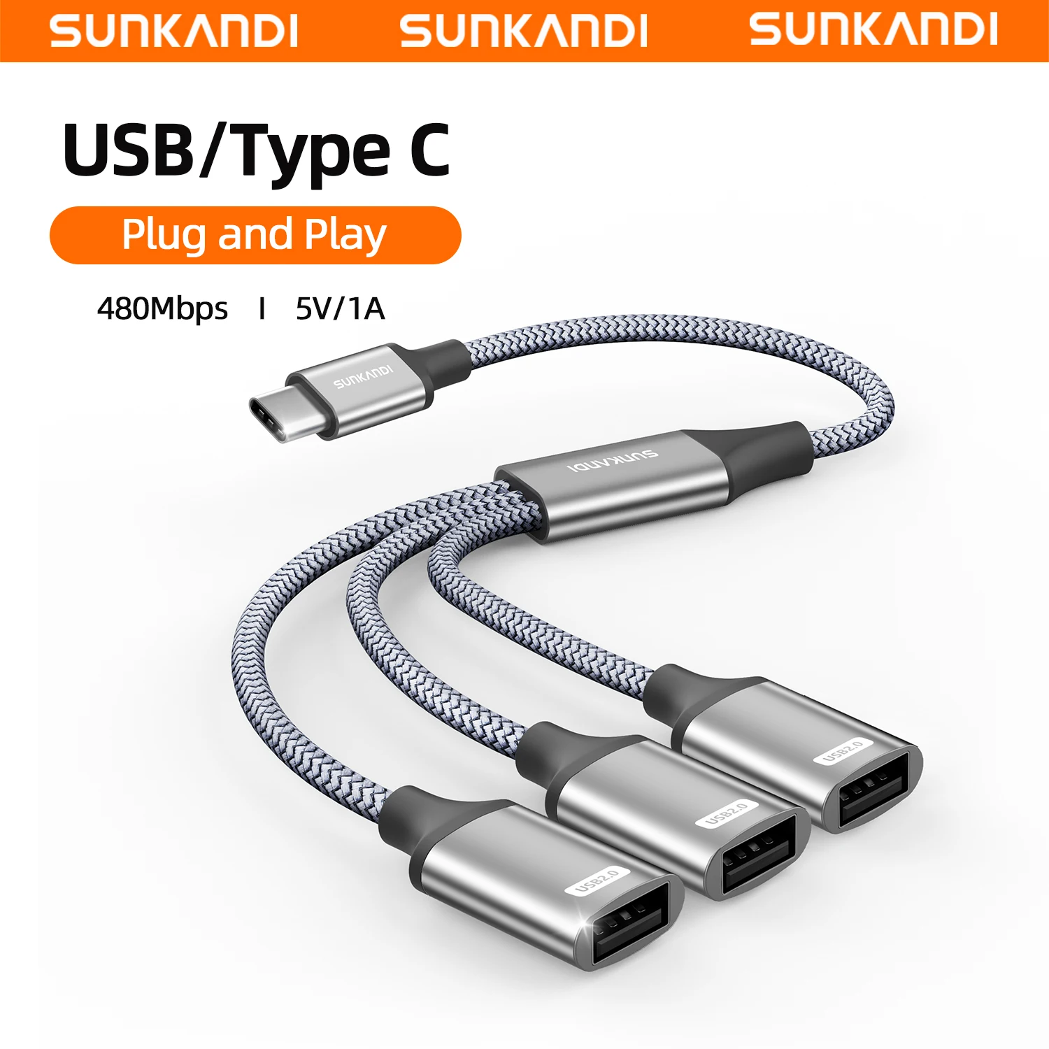 �y�Z�[�����zSUNKANDI USB-C �I�X - �f���A�� USB-A ���X 2.0 �P�[�u���AUSB-C �I�X - 3 USB 2.0 ���X �����A�_�v�^�[ (�e���r�APC�A���b�v�g�b�v�AMacBook�p)