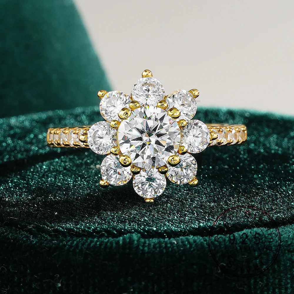 1CT Round Moissanite Flower Halo Engagement Ring 925 Sterling Silver 18K Gold Plated Wedding Promise Ring For Women