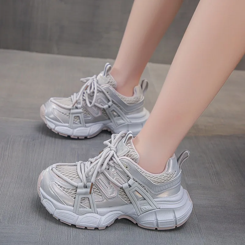 

2025Summer New Paris Dad Shoes for Women, Thick Sole Height Increasing, Petite Mesh Breathable Sports Casual White Shoes
