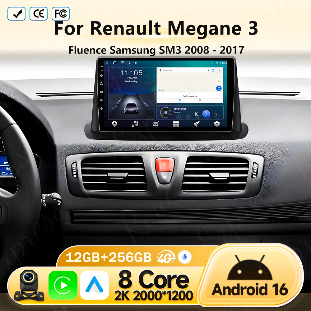 Android 16 para Renault Megane 3 Fluence Samsung SM3 2008 - 2017 Reproductor Multimedia DSP CarPlay GPS Radio para Auto Navegación 4G WIFI