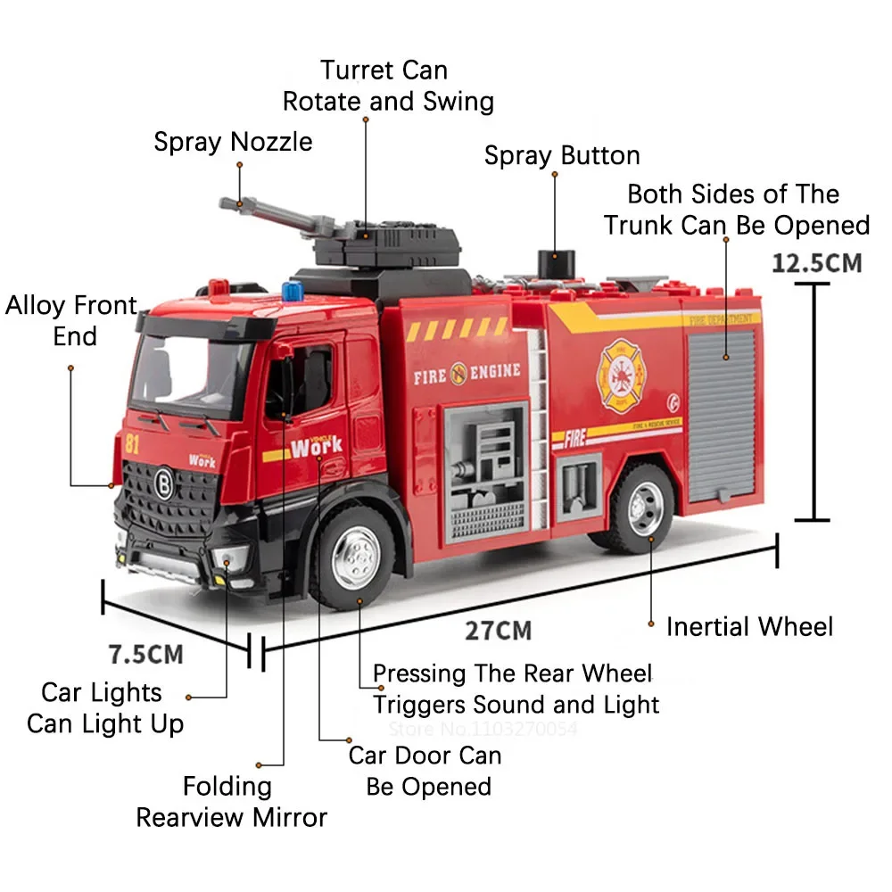 1:18 Water Tanker Alloy Ladder Fire Truck Model Toys Car Diecast Metal Engineering Vehicle Doors Opened Sound Light Toy Boy Gift