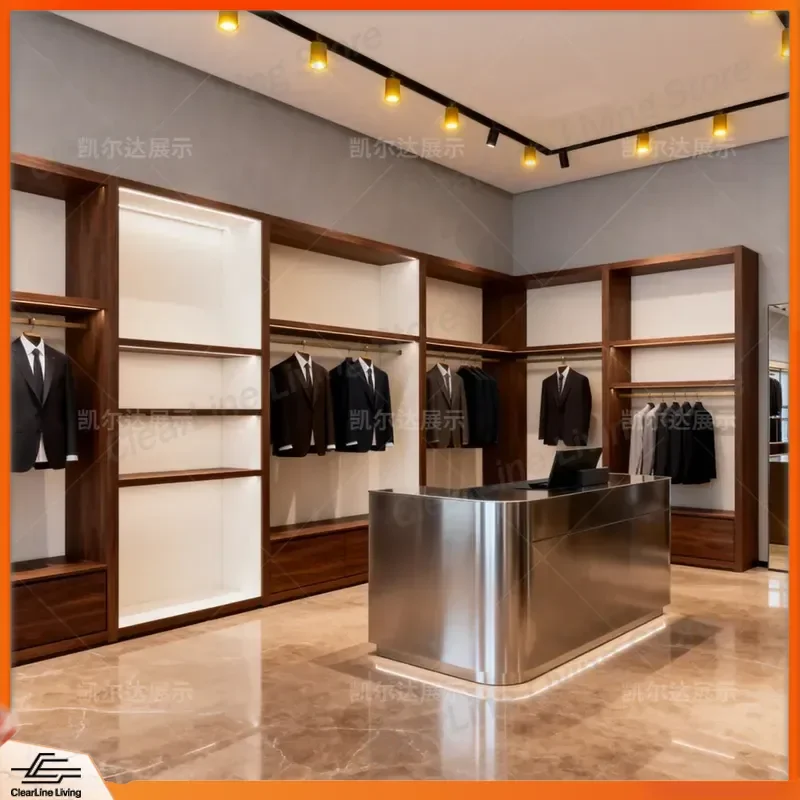 Custom Walnut Color Wall Mounted Display Cabinet for Men's Suits and Business Dresses with LED Lamp for Clothing Store
