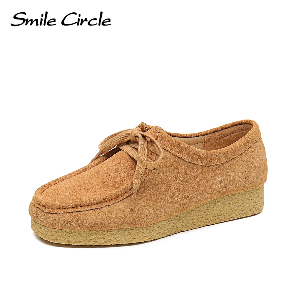 Smile Circle Wallabee Suede Leather Flat Shoes Women Lace-up Derby Shoes Autumn Casual Oxfords