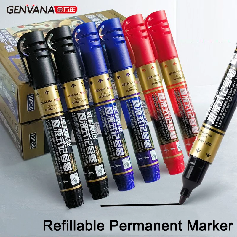 Marcadores de aceite recargables tipo prensa, tinta gigante permanente, negro/rojo/azul industrial de 2 mm, resistente al agua y a los rayos UV para metal/madera