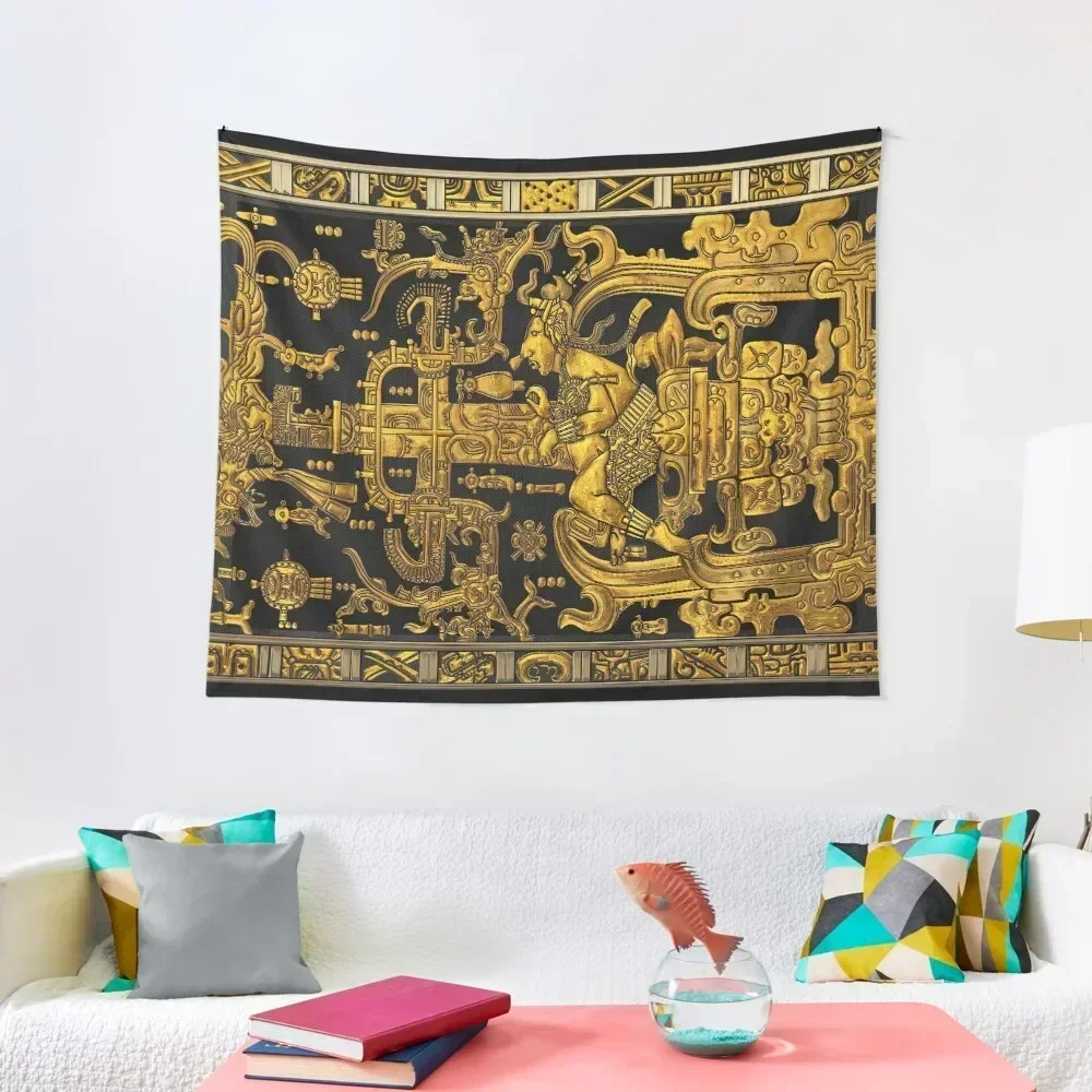 Lid of The Great Tomb of Pakal - Gold Palenque Astronaut over Black Tapestry Room Decorator Korean Room Decor Tapestry