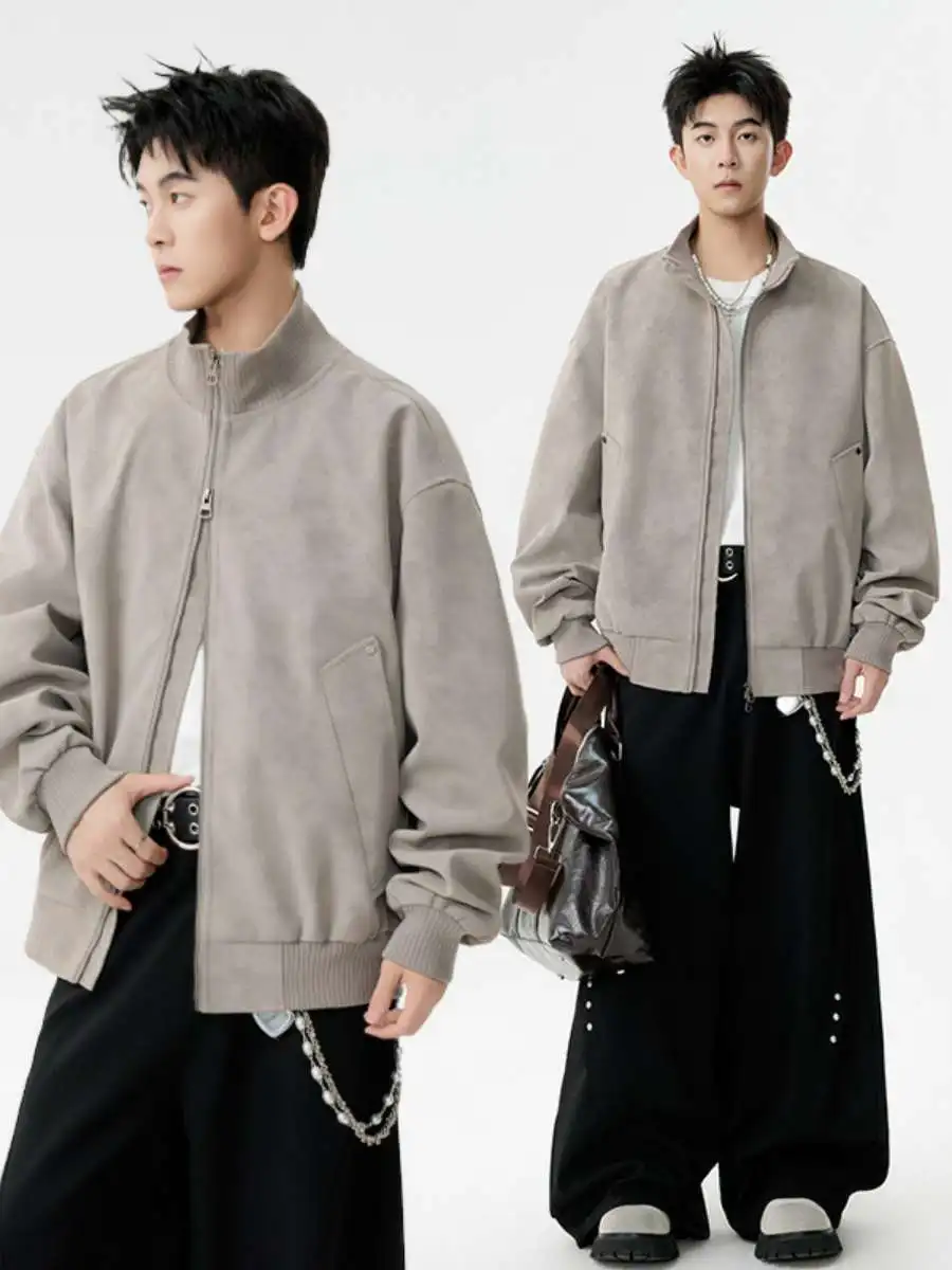 

Retro American PU Leather Patchwork Stand Collar Jaet Loose Men's Autumn Leather Coat Casual Sle Tanned Leather Jaet