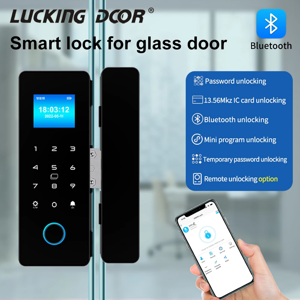 Electronic Digital Lock Fingerprint Glass Door Lock Bluetooth HAHA-Lock App Passcode IC Card Keyless Smart Phone Attendance Lock