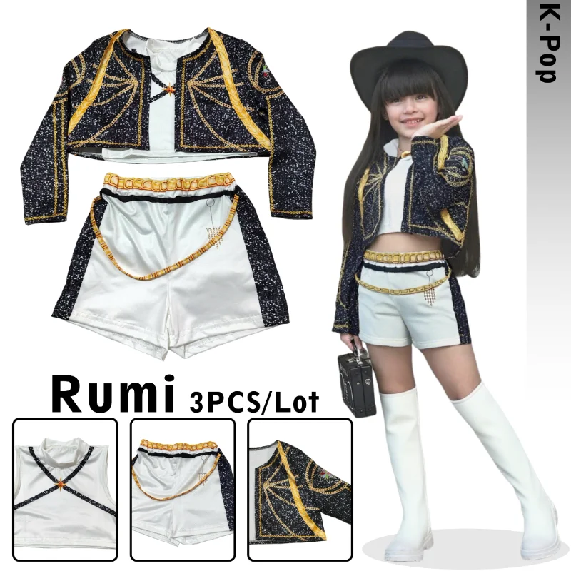 Disfraz de Rumi Demon Hunters, disfraz de Halloween en blanco y negro para chica, chaleco de ídolo de grupo K-Pop, abrigo, pantalones cortos, traje de uniforme de 3 piezas