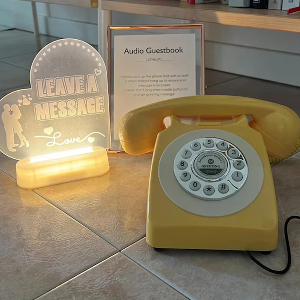 Vintage Wedding Party Guestbook Phone USB-Powered (No Batteries Needed), Retro & Black Decoration, Message Playback/Recording