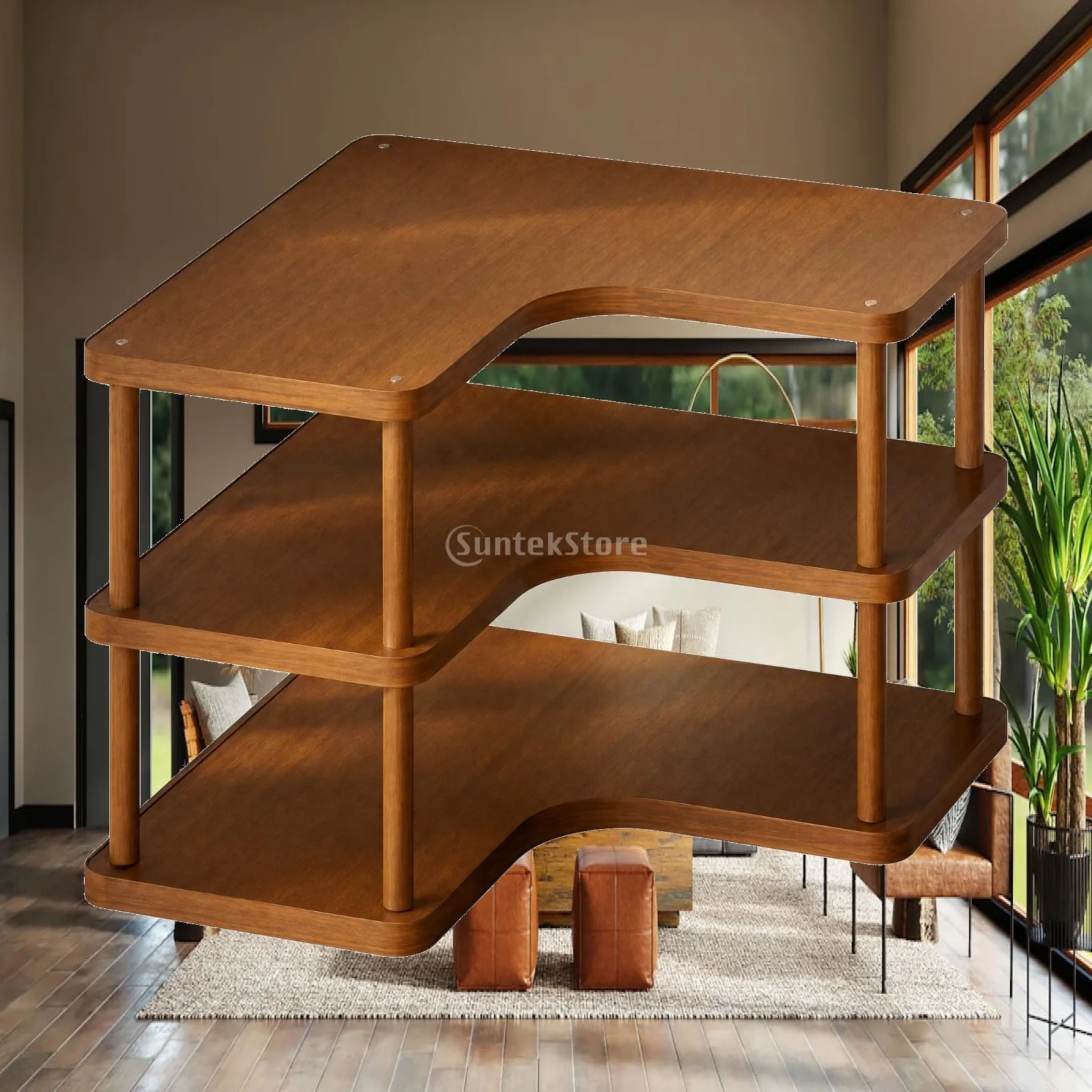 Wooden Corner Shelf Stand for Living Room Storage Cabinet Display Rack for Coffee Station Office Desk Organizer Shelf