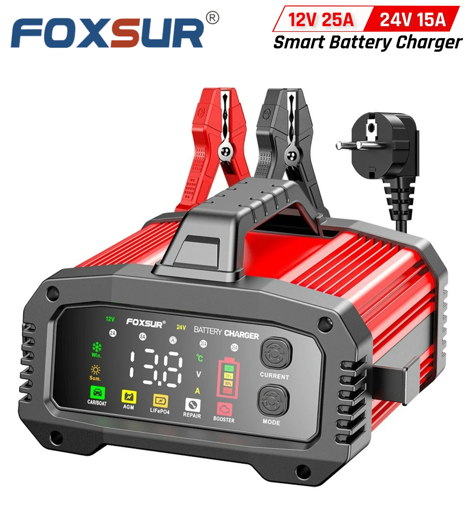 FOXSUR Portable Smart Car Battery Charger for 12V 24V 25Amp Cars LiFePO4 AGM Gel Lead Acid of Motorcycle Truck Boat with Booster