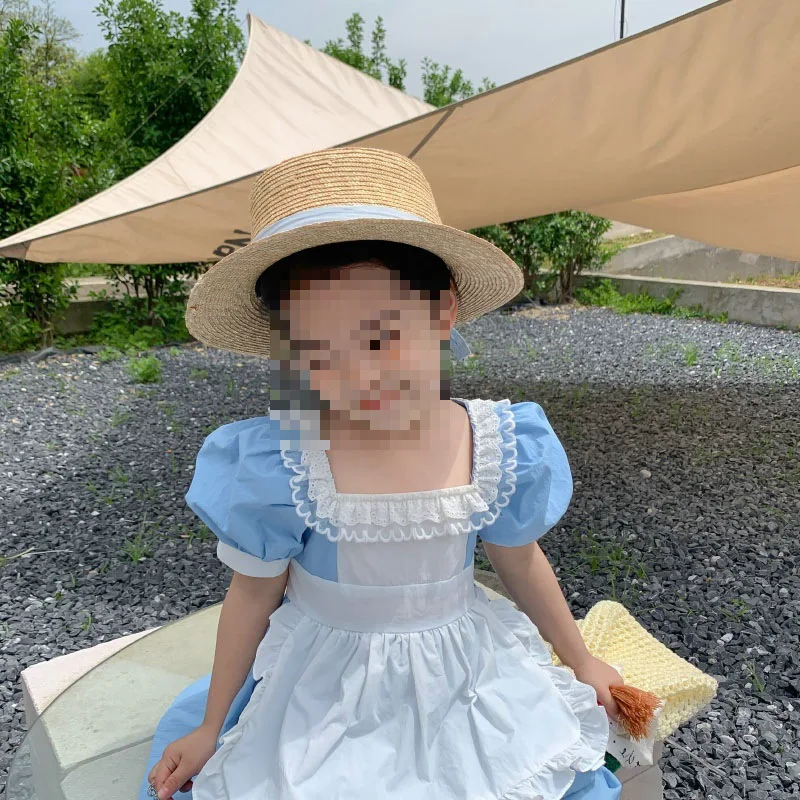 Girls' Lolita Dress2025New Blue Puff Sleeve Palace Style Little Maid French Fake Two-Piece Dress
