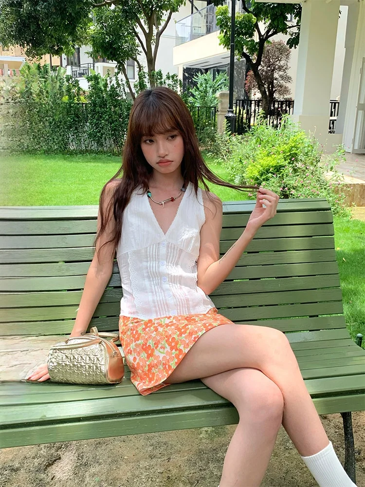 

Женский летний укороченный топ Sweet Sle с кружевной отделкой и V-образным вырезом, хлопковая майка для похудения, асимметричный дизайн, повседневный свободный крой