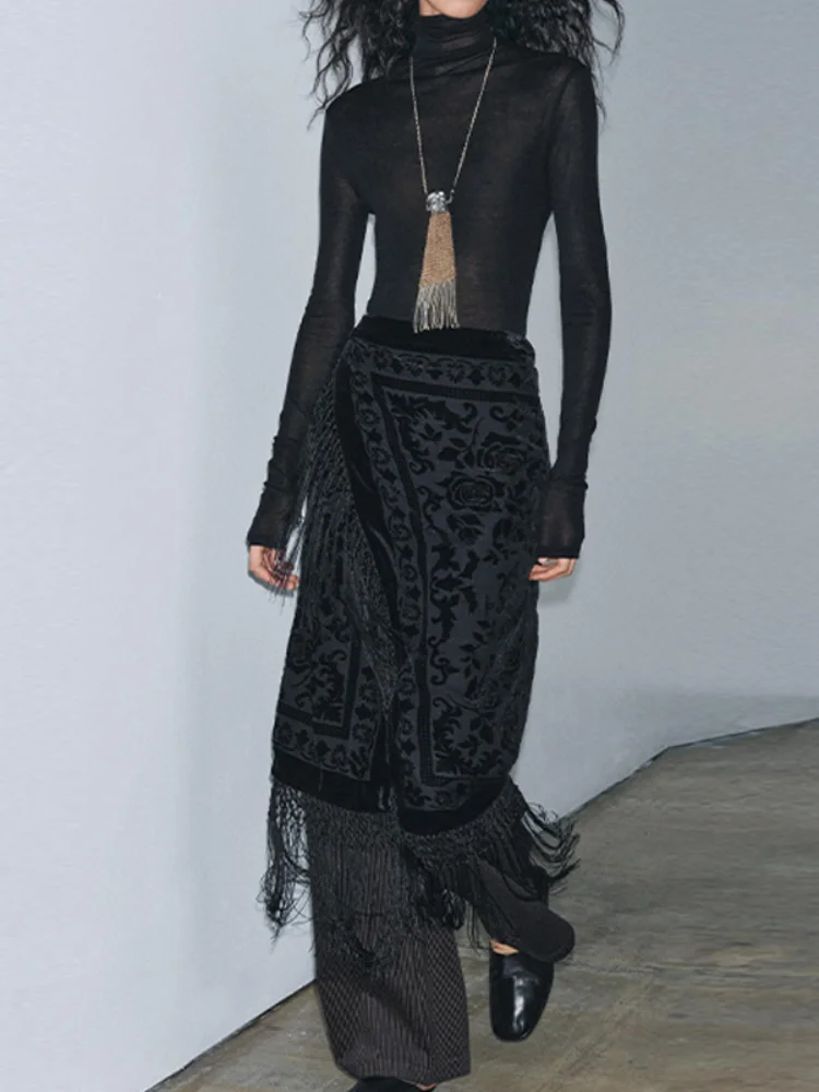 فستان شرابة أسود عصري مطبوع عليه زهور للنساء تنورة طويلة كلاسيكية غير رسمية متعددة الاستخدامات 2025 ملابس شتوية عصرية جديدة عالية الشارع #2