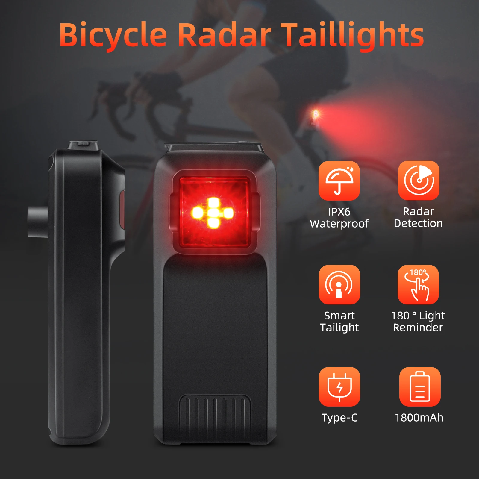 Bicycle Taillights, Bicycle Accessories With Radar Function, Waterproof, 1800mAh, 40 Degree Blind Spot Detection